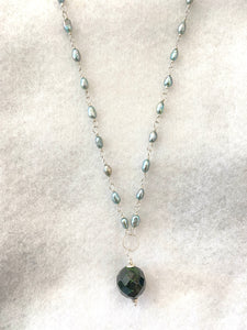 Freshwater Pearl Beads with Onxy Charm Accent On Sterling Silver Wire Necklace