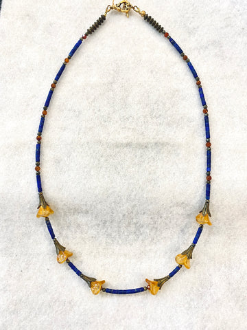 Flower Beads with Lapis, Carnelian and Pyrite Beads Necklace Made In PDX