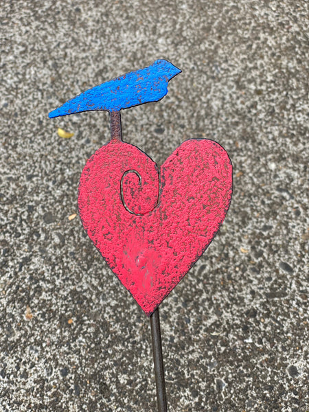Whimsical Bird On Heart Plant Stake Garden Metal Art