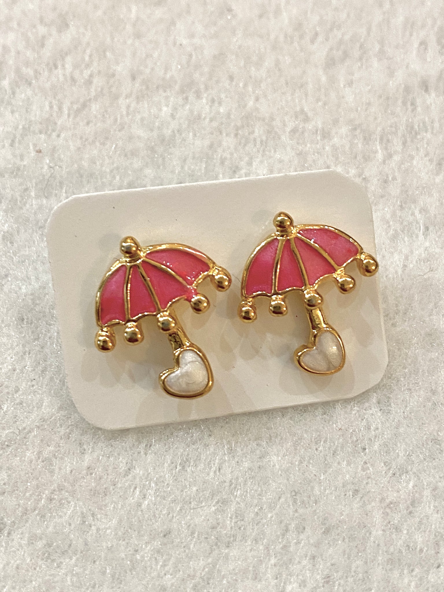 Pink Umbrella Enamel Stud Earrings With Heart