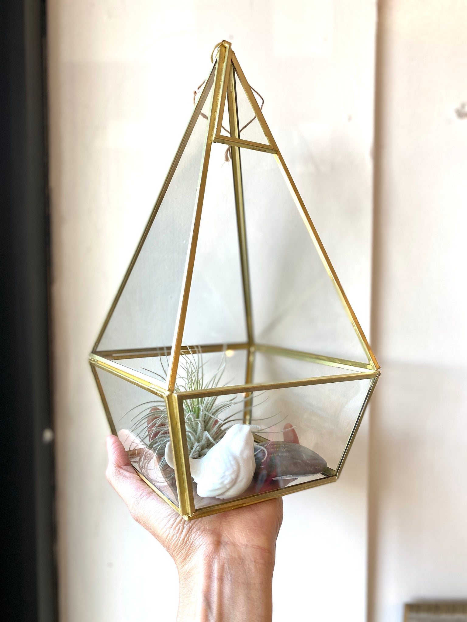Pyramid Gold Metal Geometric Glass Terrarium, Multipurpose Air Plants Holder