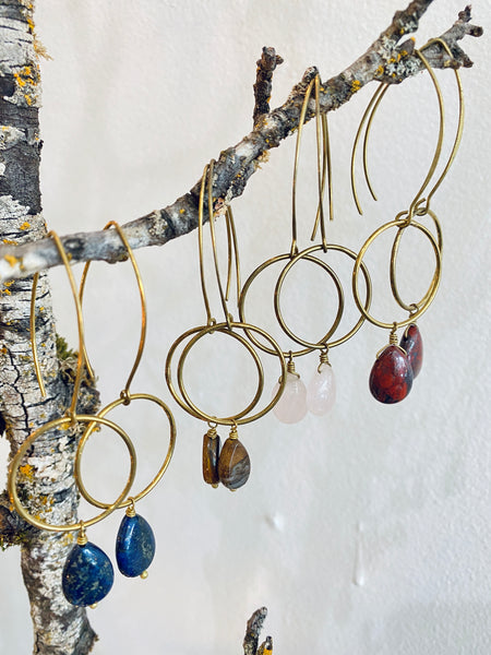 Handmade Open Circle Lond Drop With Semi-precious Stone Earrings