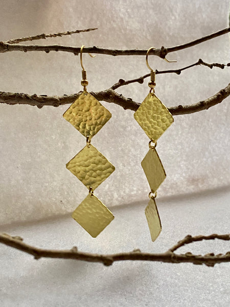 Hand Hammered Three Square Dangle Earrings