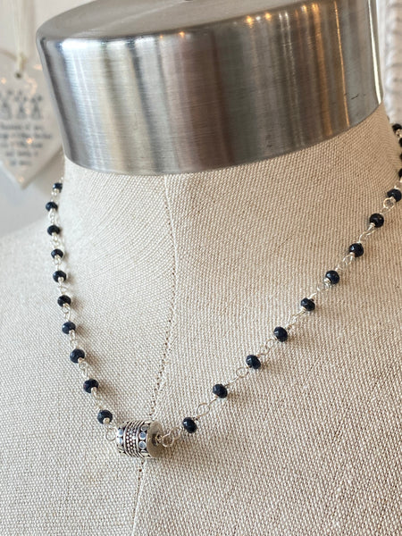 Onyx Beads with Sterling Silver Cube Accent On Sterling Silver WireNecklace