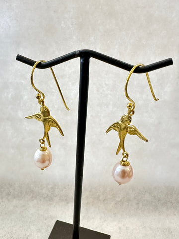 Handmade Swallow Birds With Pearl Drop Earrings