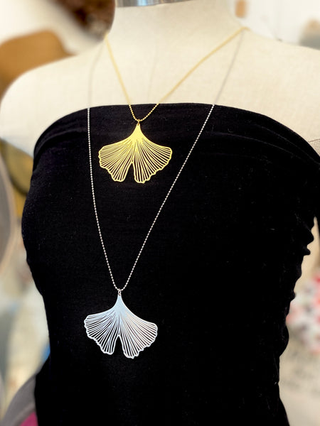Large Ginkgo Pendant w/ Long Ball Chain: Stainless Steel Necklace