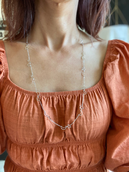 Cute Long Moon and Stars Silver Chain Necklace