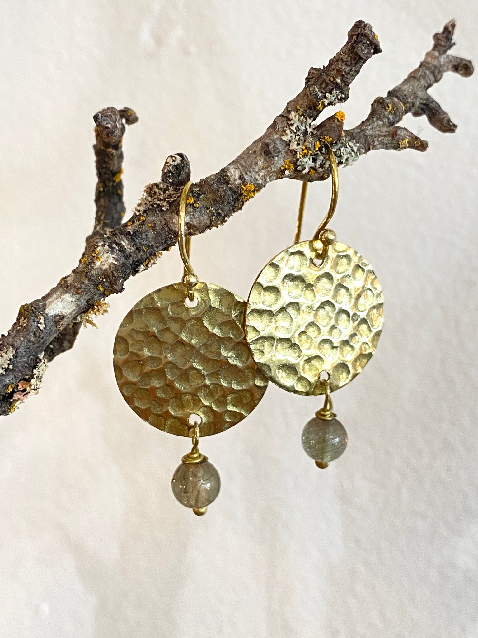Hand Hammered Circle Drop With Semi-Precious Stone Earrings