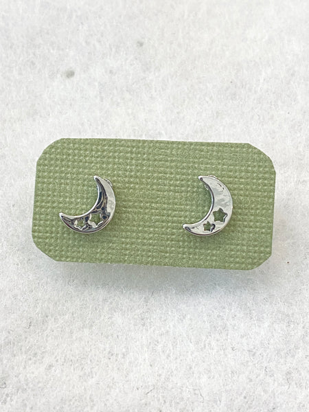 Silver Moon w/ Die-cut Stars Design Stud Earrings