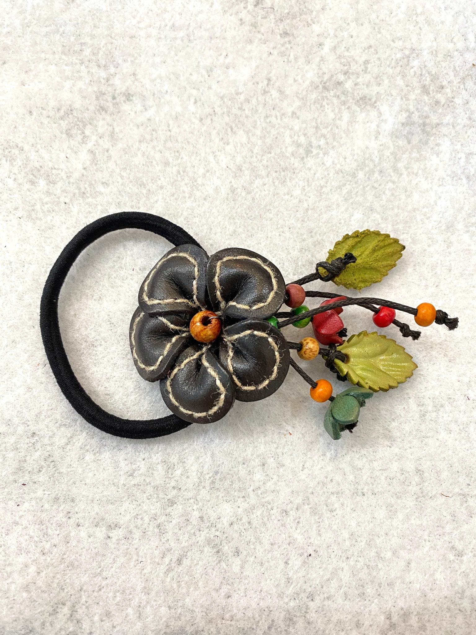 Flower Genuine Leather Scrunchies / Hair Ties with Dangling Flower Buds and Leaves