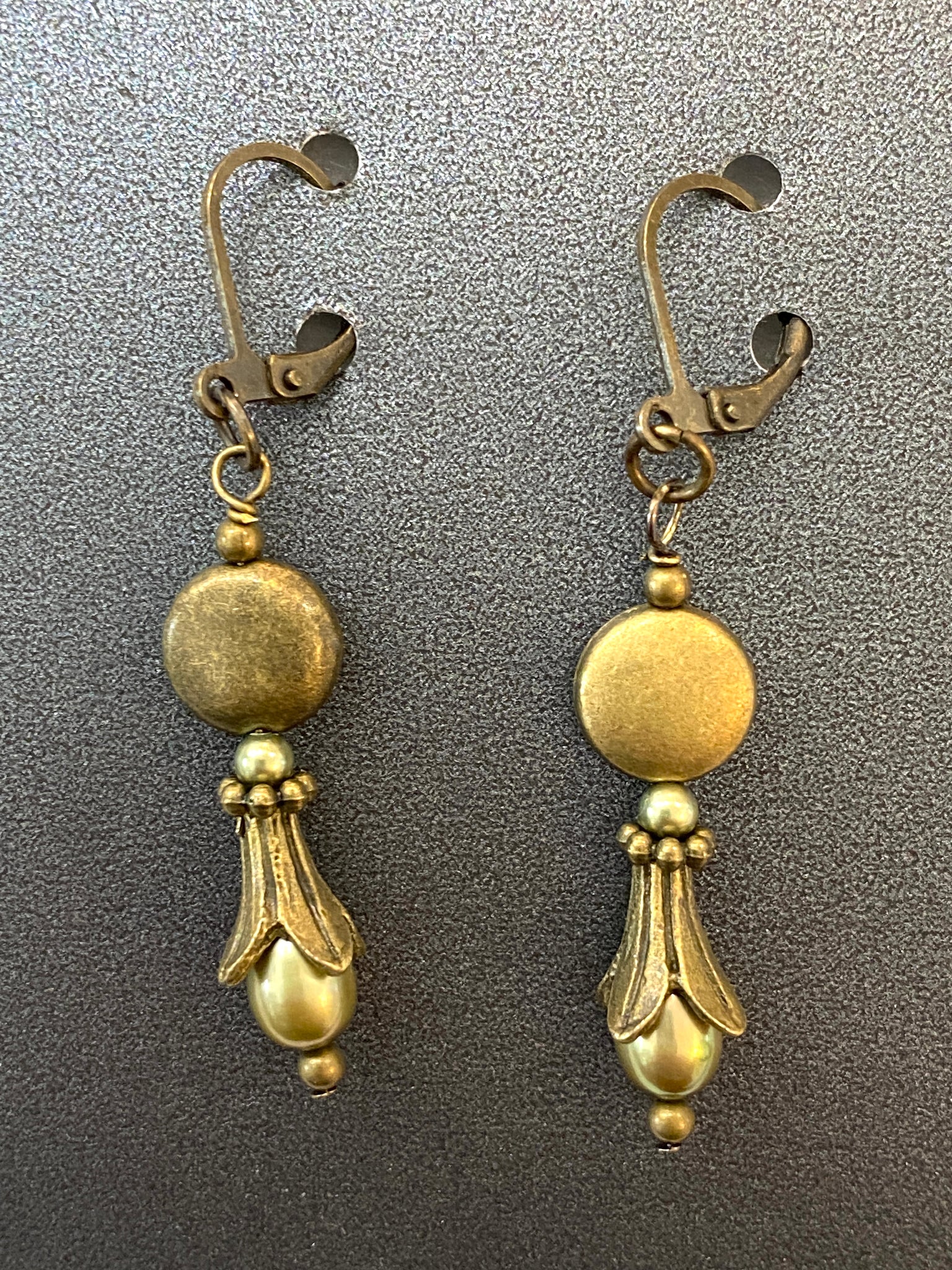 Green Pearl and Brass Beads Hand Wired Earrings Made in PDX