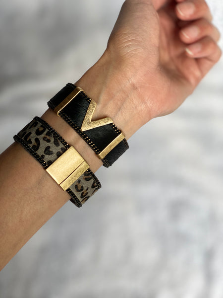 Cowhide handmade leather bracelet with a geometric rectangle element design