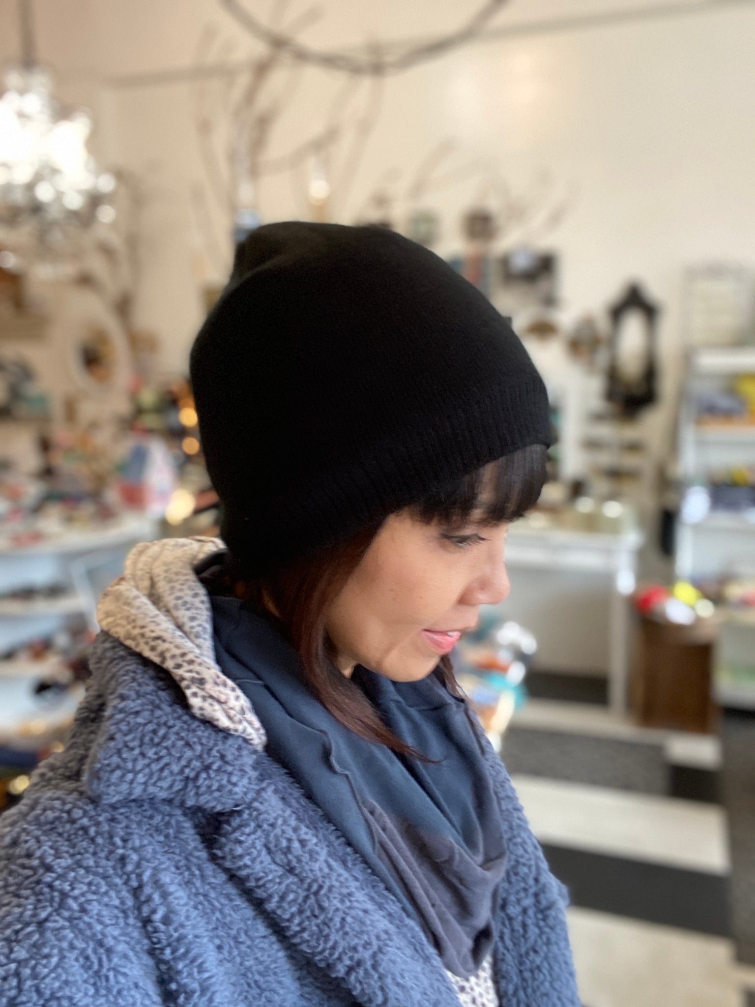 Basic Knit Solid Black Beanie with Lining for Extra Warm