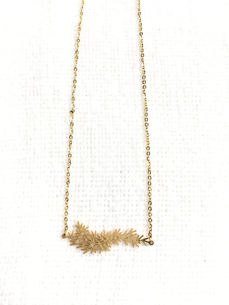 Evergreen branch pendant necklace gold stainless steel