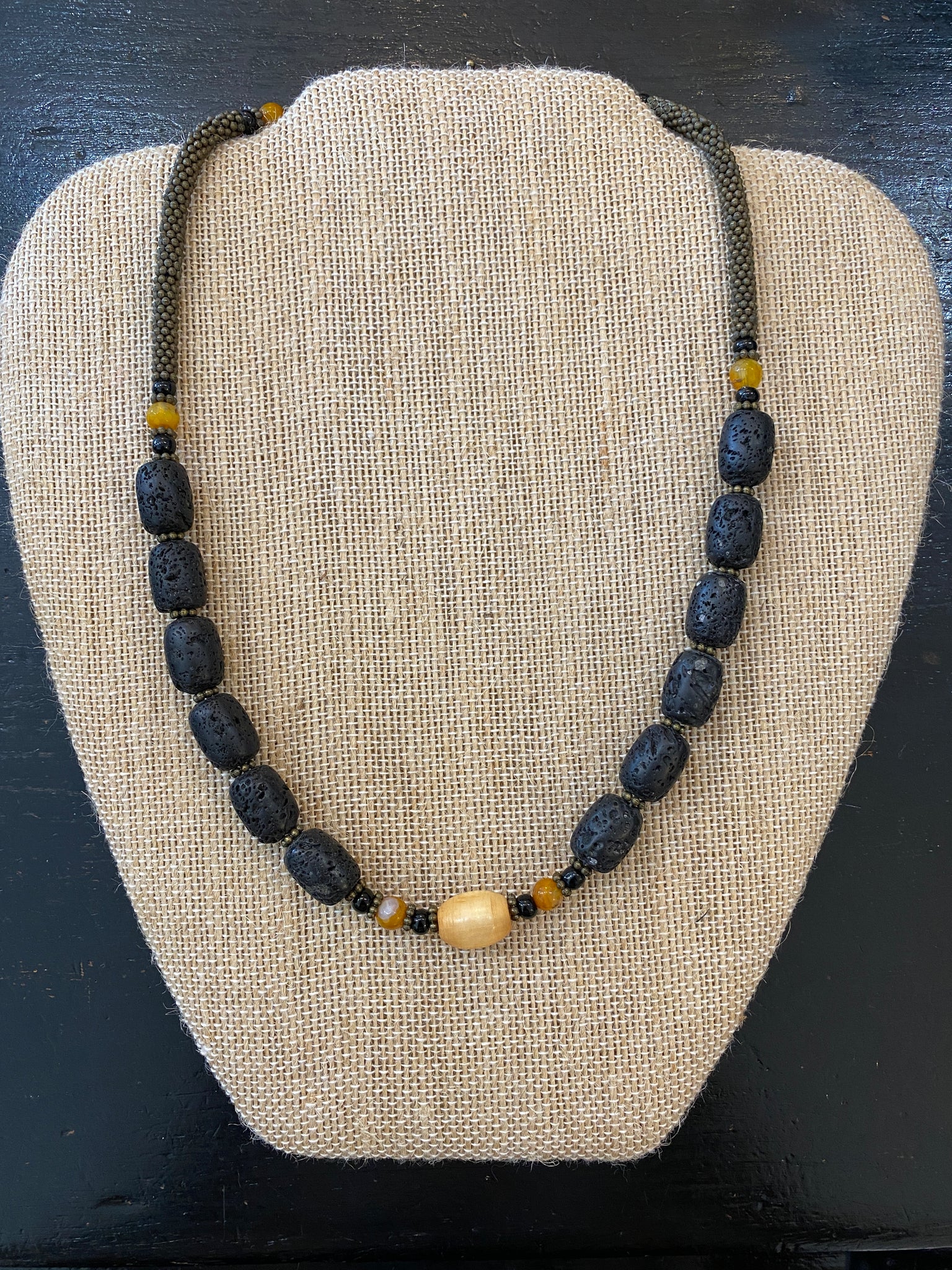 Lava, Bone and Black coral with Antique Brass Accent Necklace Made in PDX